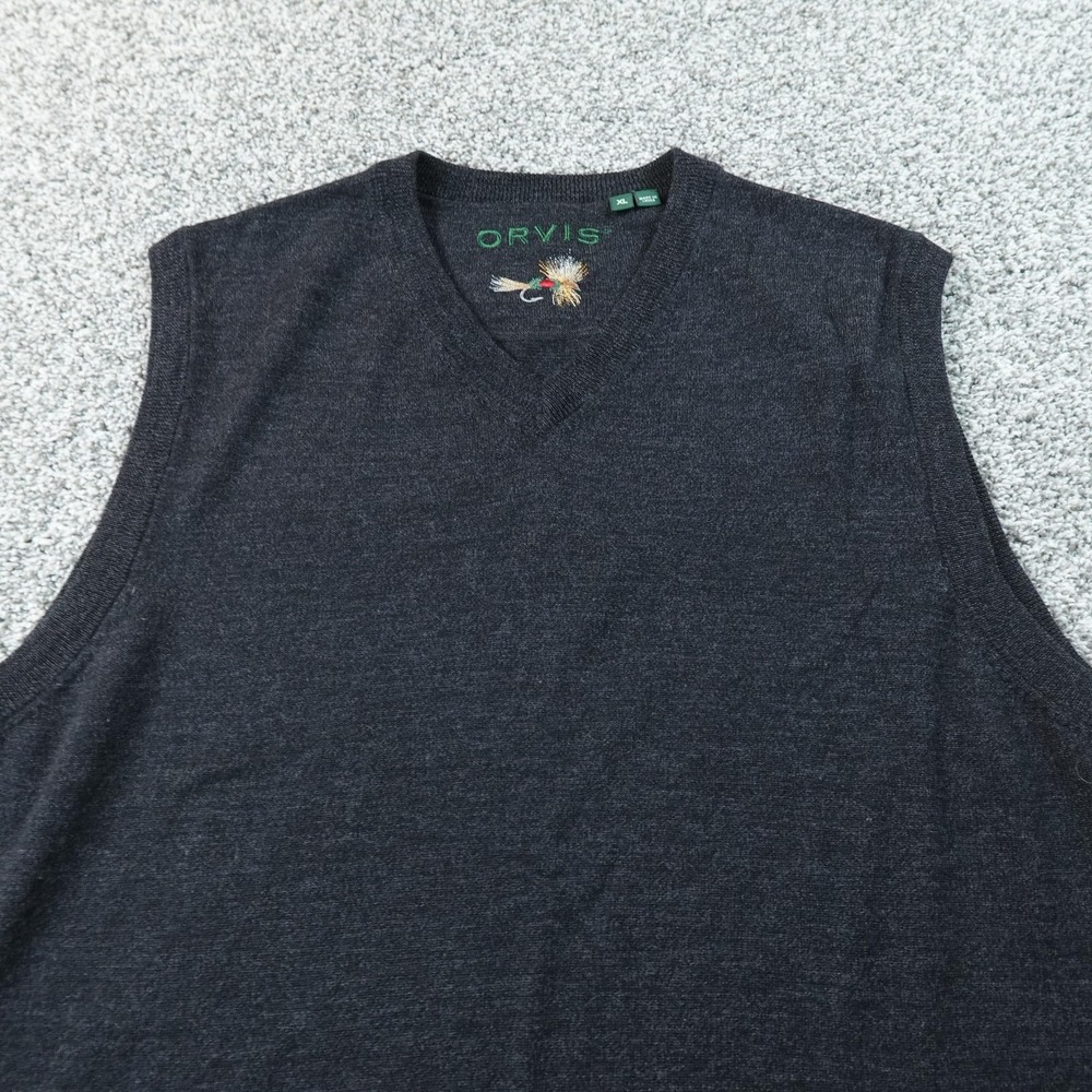 Orvis Sweater Vest Mens XL Gray Black Merino Wool V Neck Knit Pullover Grandpa